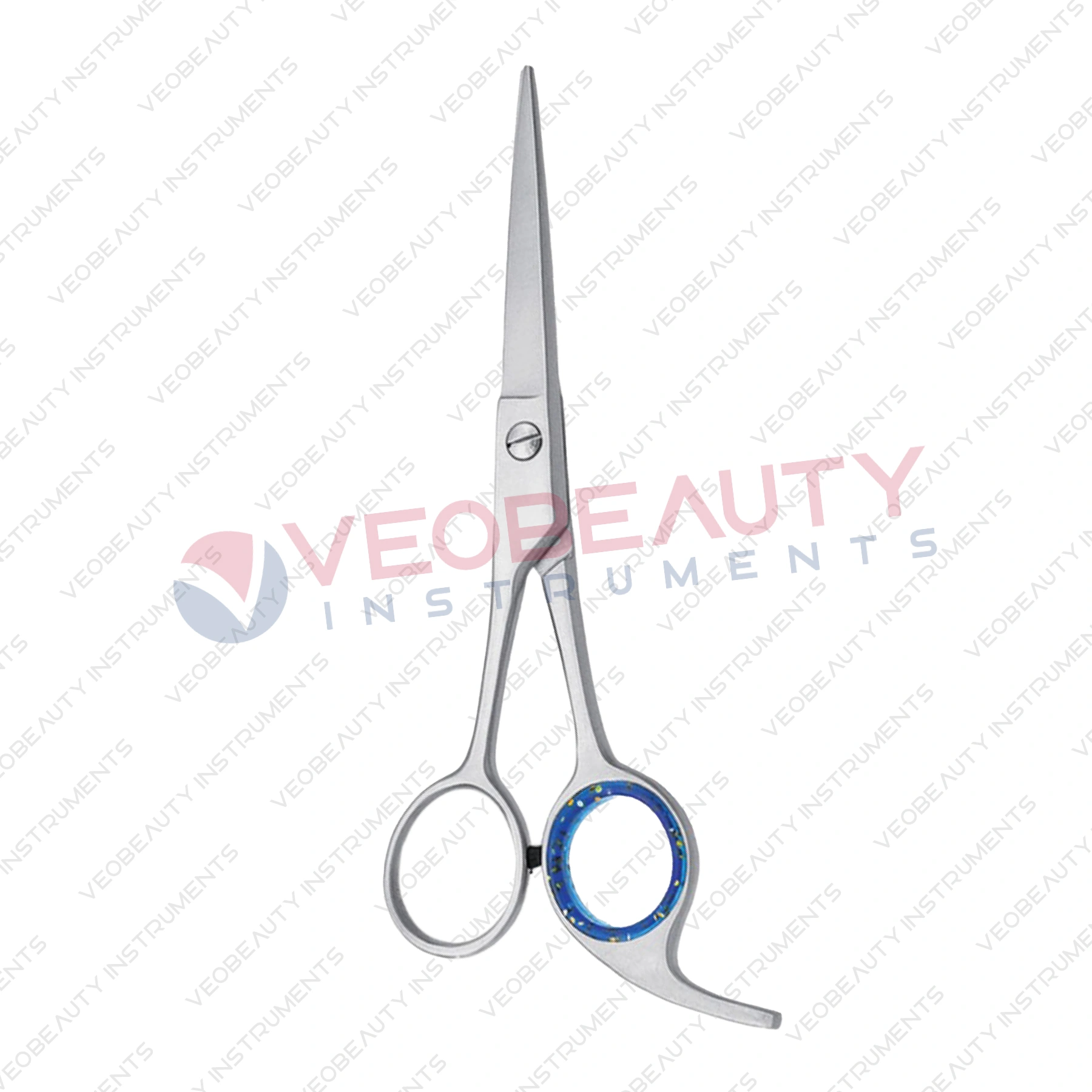 Barber scissors featuring a single blue finger ring accent on a sleek metallic body