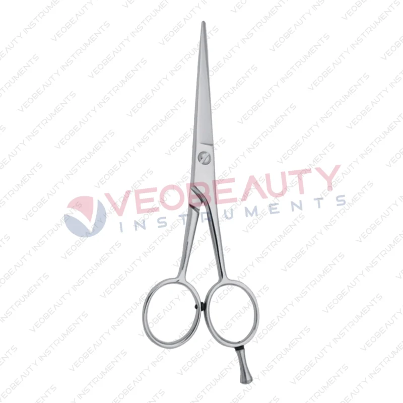 Slim-design barber scissors with a built-in finger rest and a sleek, lightweight metallic finish.