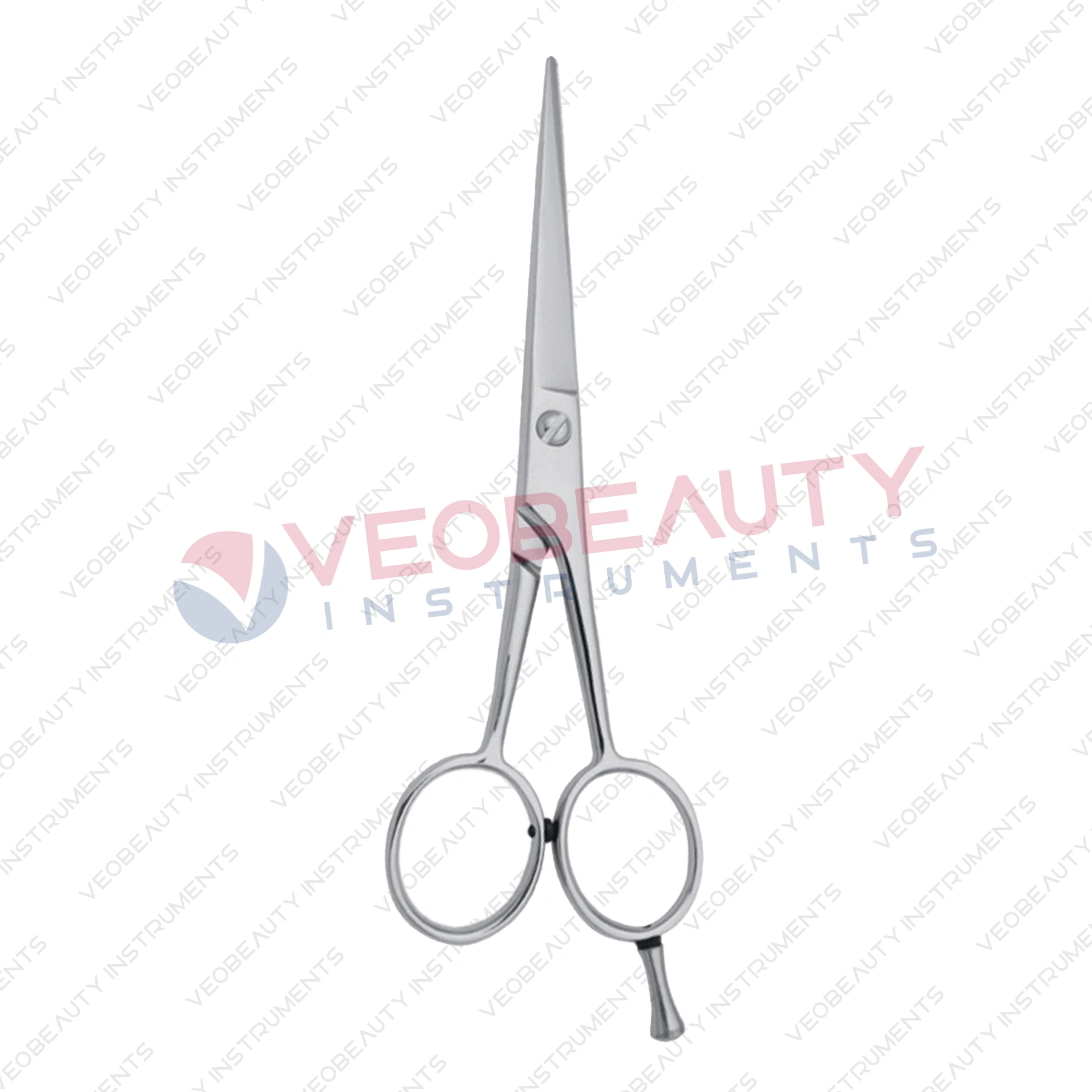 Slim-design barber scissors with a built-in finger rest and a sleek, lightweight metallic finish.