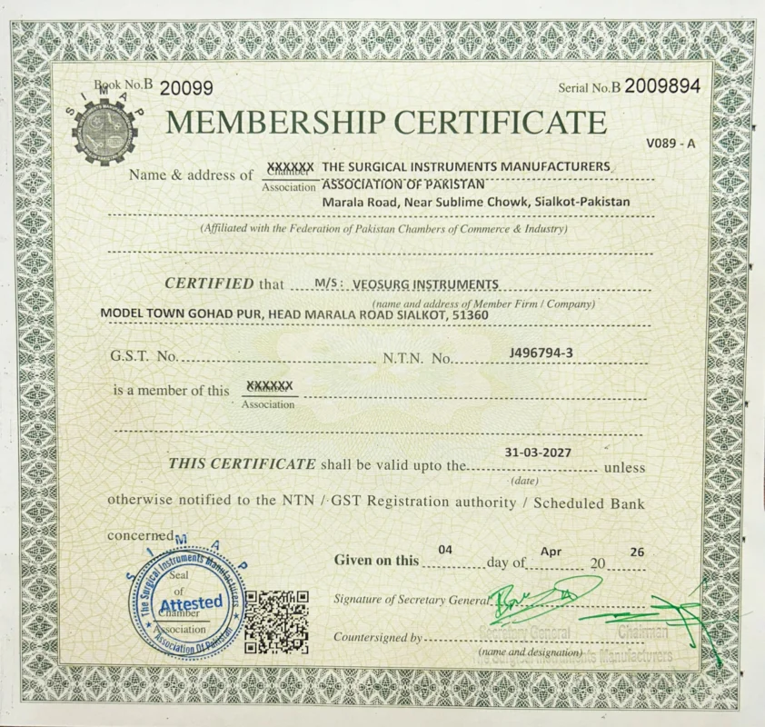 Surgical Instruments Manufacturing Association of Pakistan Registration of Veosurg Instruments